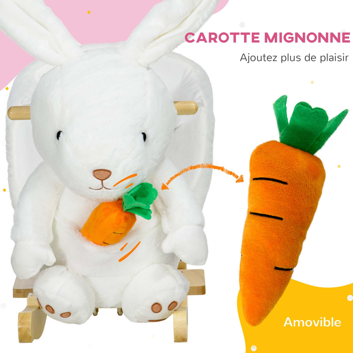 Jouet à bascule modèle lapin fonction musicale selle grand confort peluche courte douce bois peuplier 18-36 mois blanc