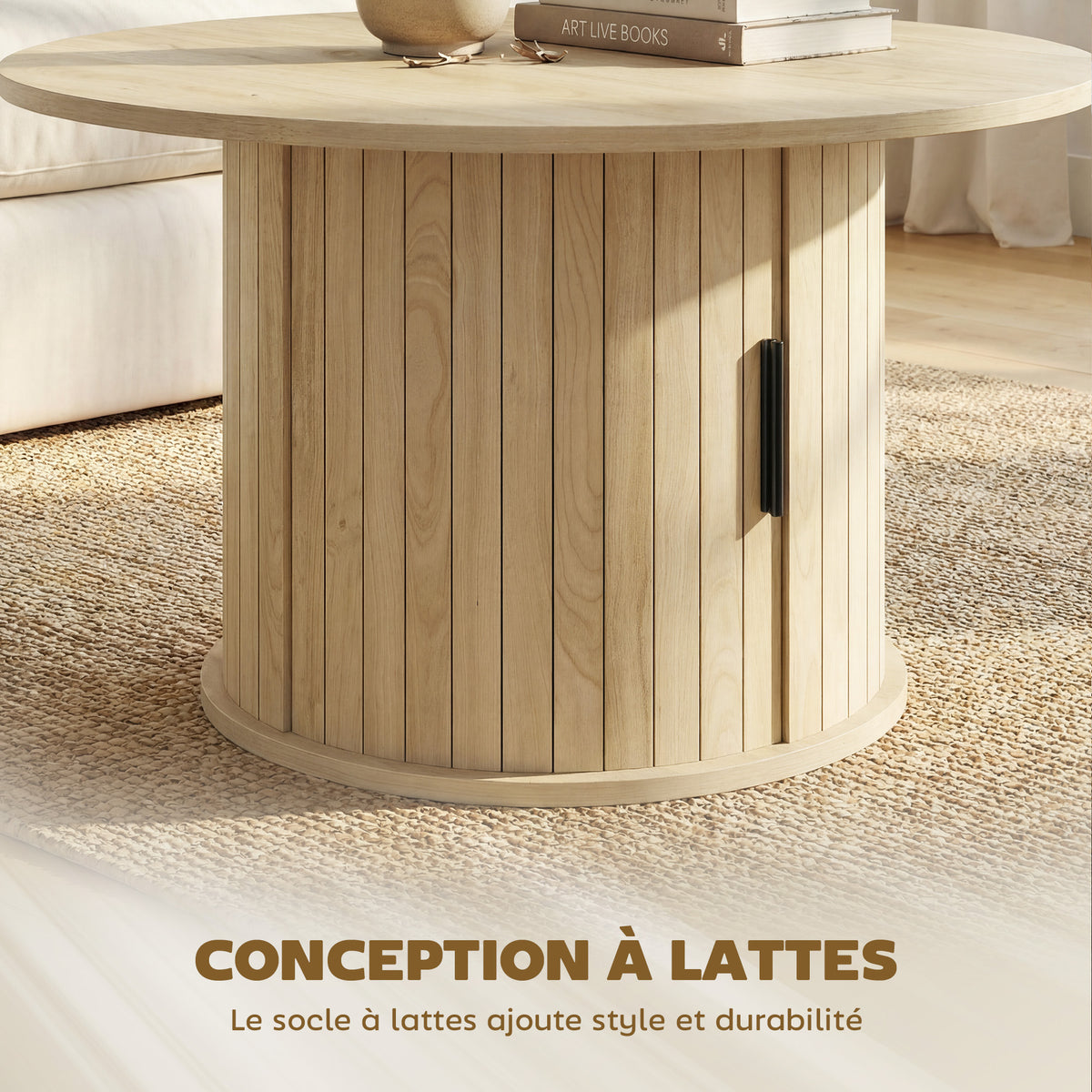 Table basse ronde effet bois naturel avec rangement